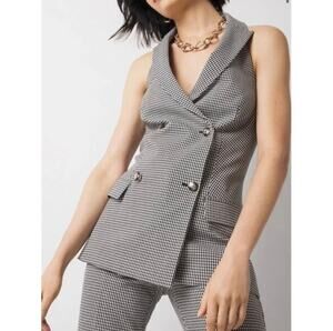 White House Black Market Halter Black & White Gingham Sleeveless Blazer Vest 2